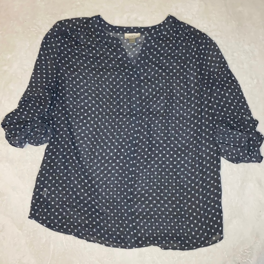 Loft XL Gray Sheer Blouse with White Polka Dots